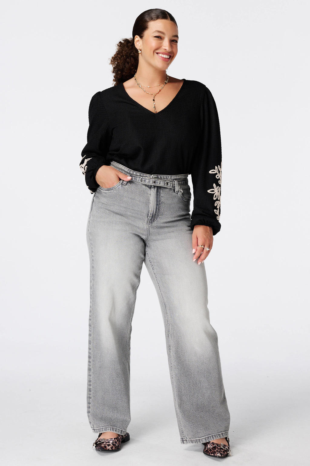 MS Mode Plus Size top met borduursels - zwart
