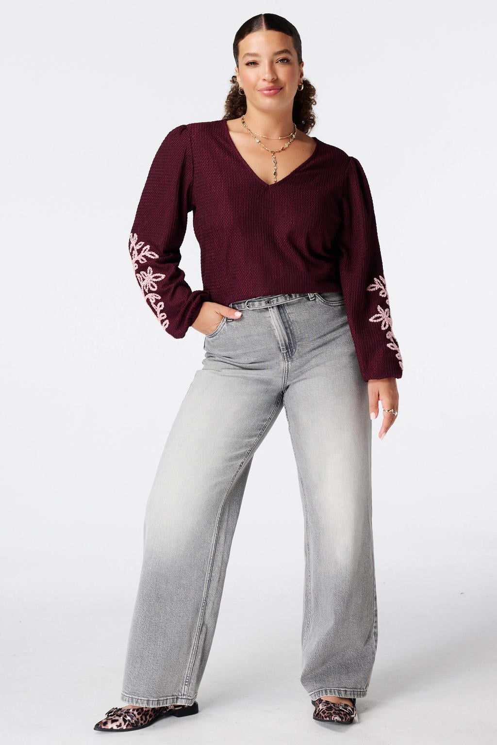 MS Mode Plus Size top met borduursels - donkerrood