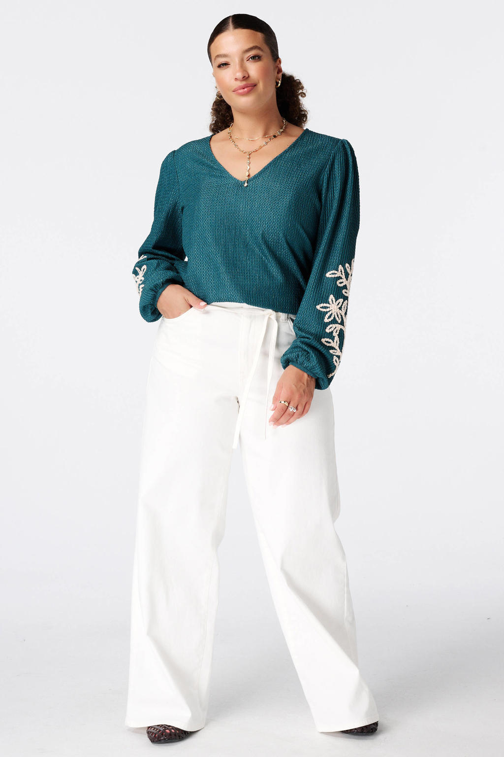 MS Mode Plus Size top met borduursels - blauw