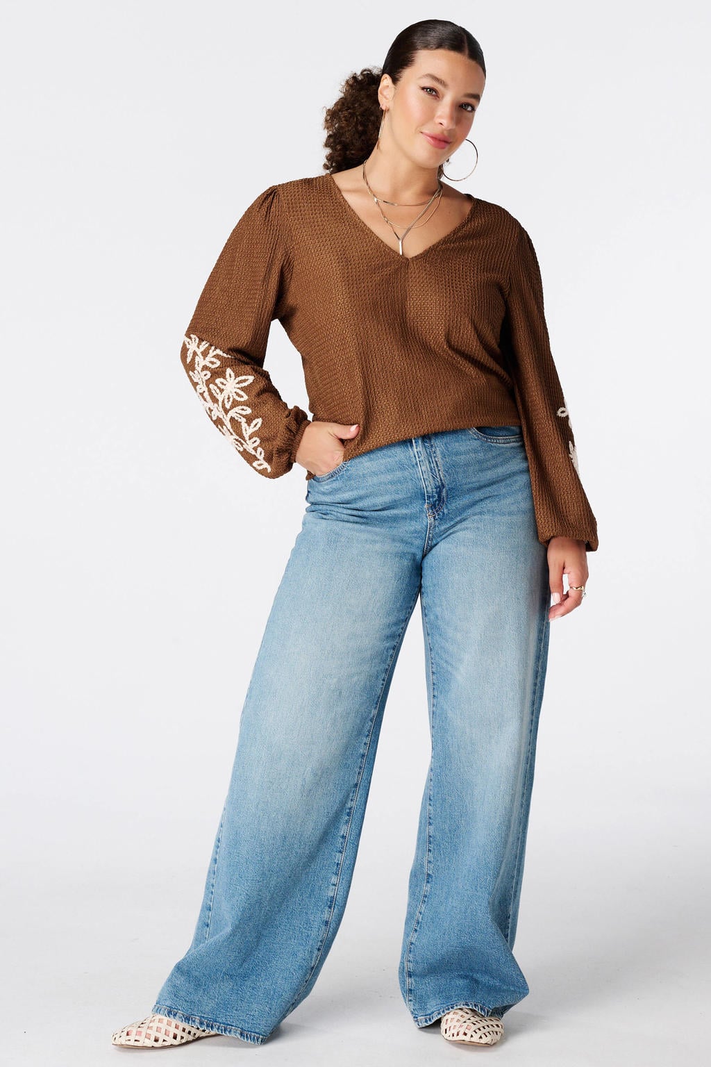MS Mode Plus Size top met borduursels - camel