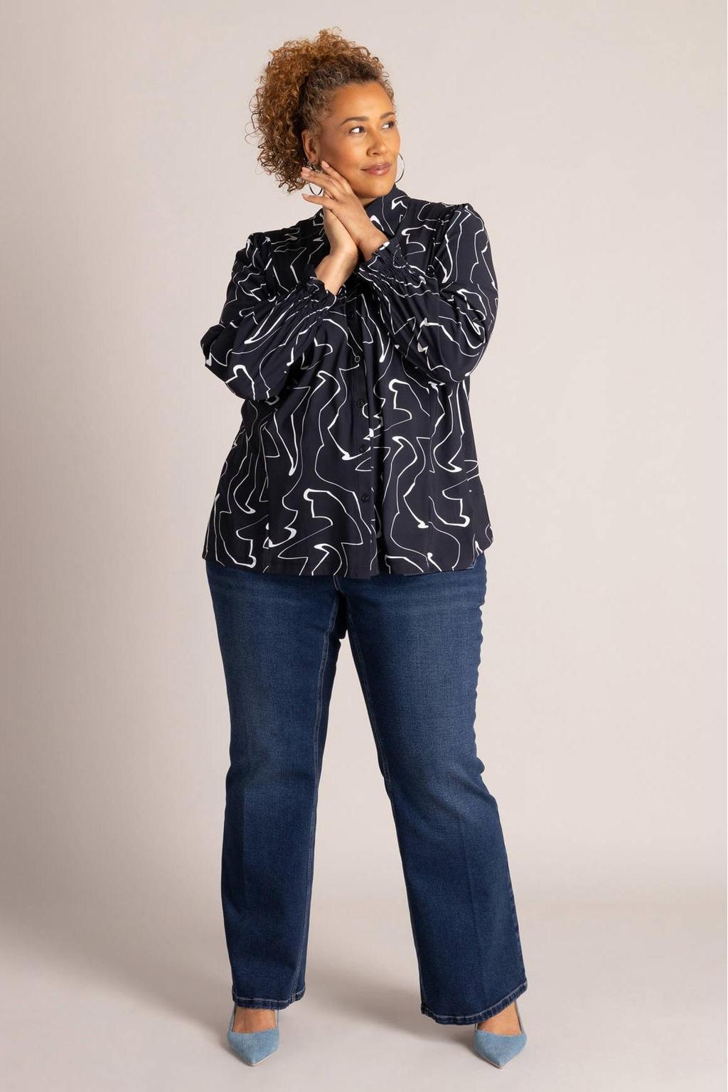 Zwart en witte dames Colletta blouse Plus Size van polyamide met lange mouwen, klassieke kraag en knoopsluiting