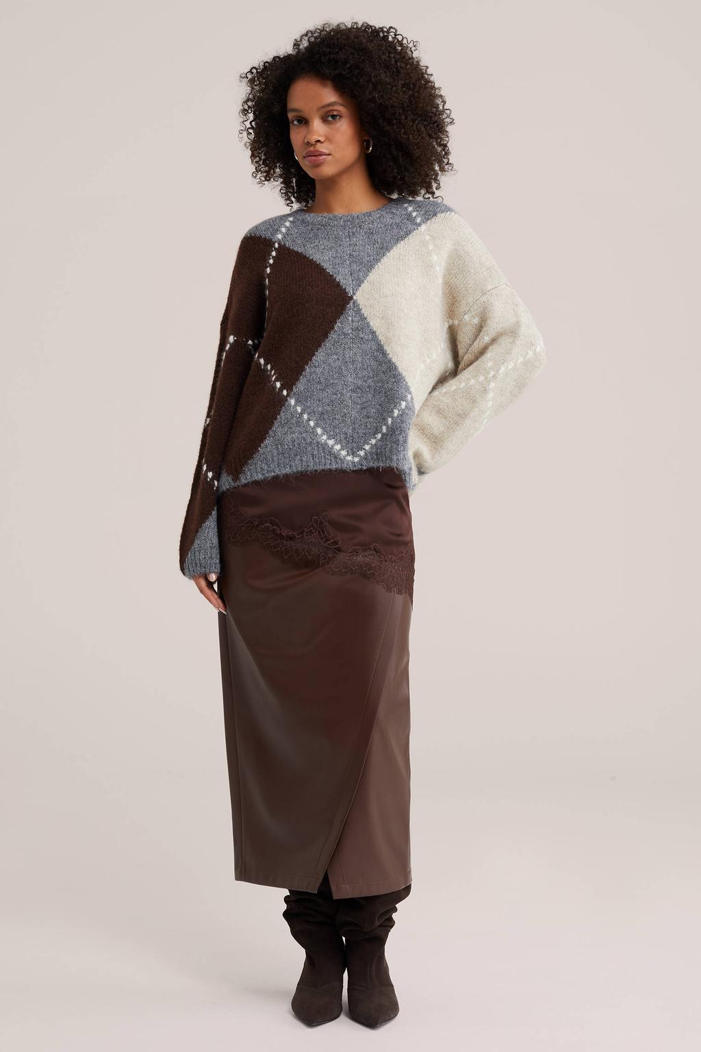 Bruine dames WE Fashion imitatieleren midi rok voorzien van ritssluiting