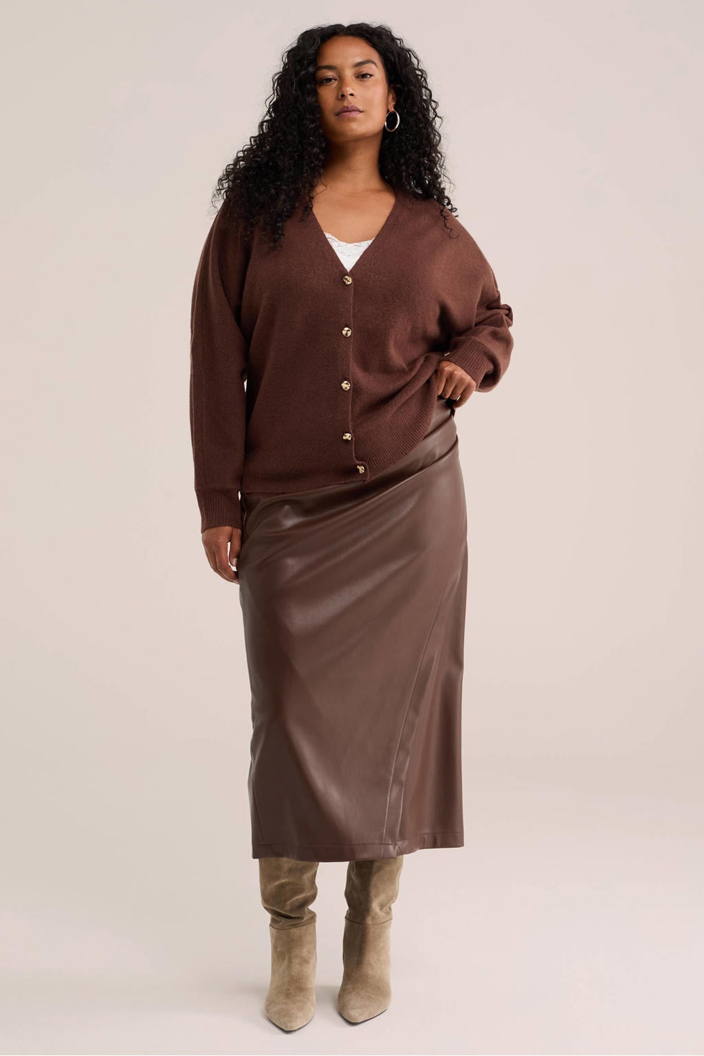Bruine dames WE Fashion imitatieleren midi rok Plus Size voorzien van ritssluiting
