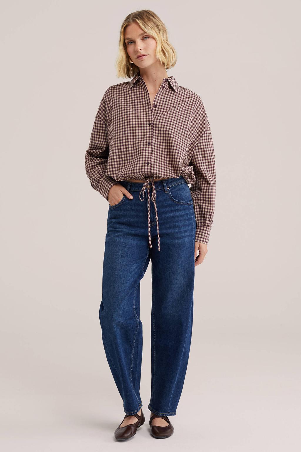 Rood en beige dames WE Fashion geruite blouse van katoen met lange mouwen, klassieke kraag, knoopsluiting en tunnelkoord