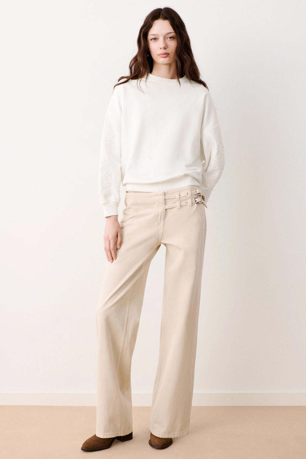 Witte meisjes MANGO TEEN sweater met effen, lange mouwen, ronde hals en borduursels