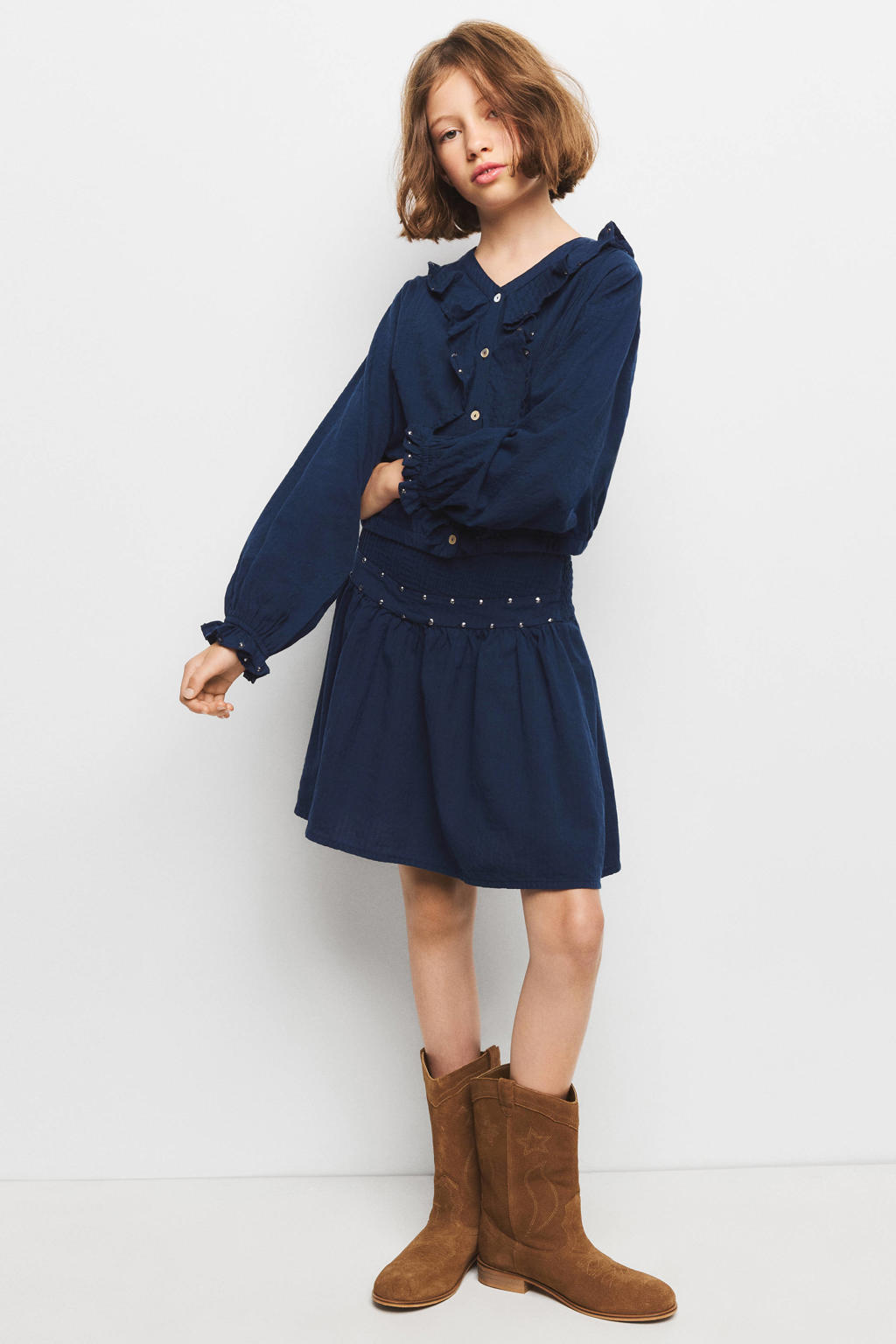 Marineblauw meisjes Mango Kids blouse en studs blauw met lange mouwen, V-hals en knoopsluiting