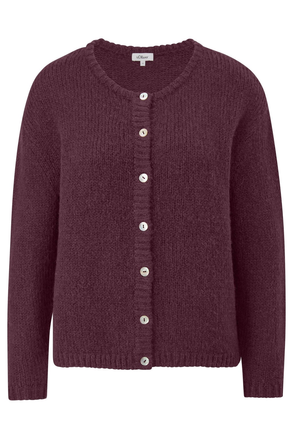 Paarse dames s.Oliver gebreid vest van wol met effen, lange mouwen, ronde hals en knoopsluiting