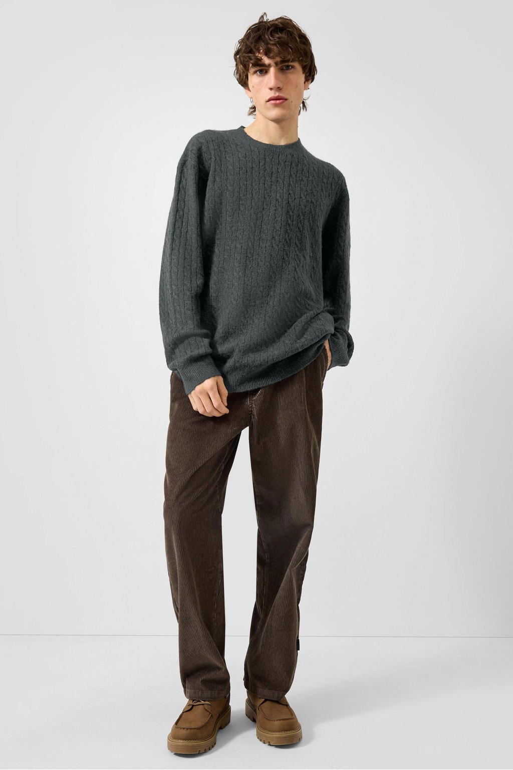 Grijze heren QS relaxed fit gebreide trui en wol met lange mouwen en ronde hals