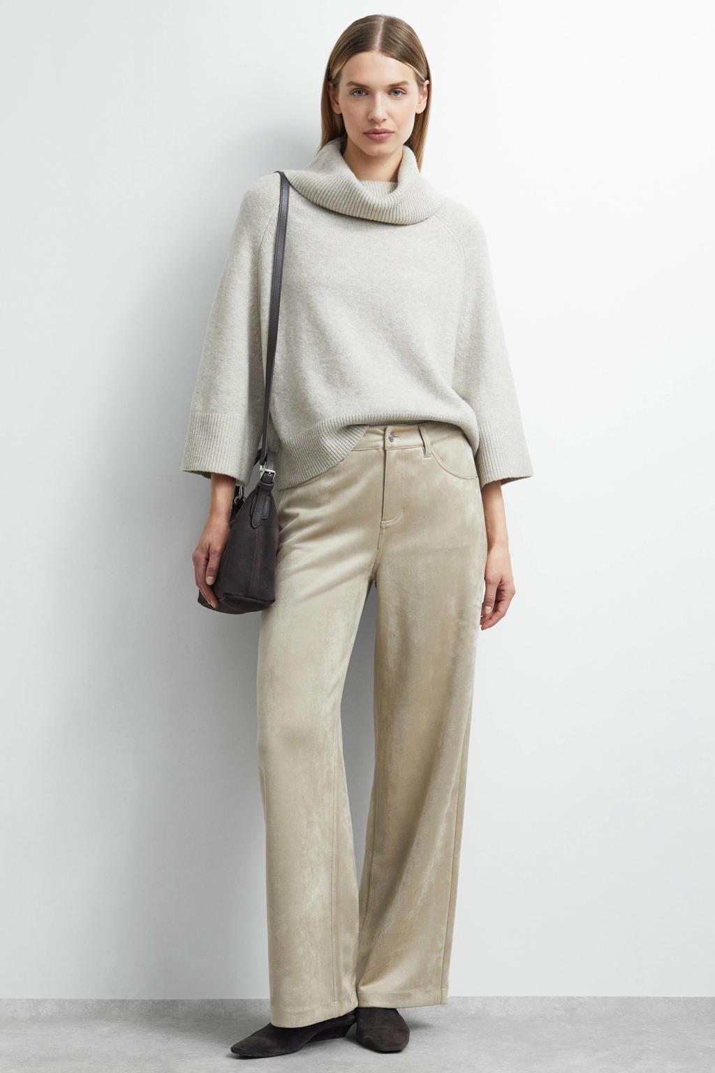 comma suèdelook high waist straight leg casual broek - beige