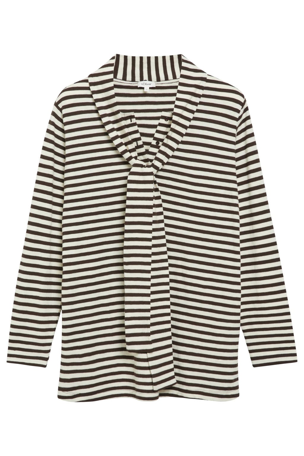 Donkerbruin en ecru dames s.Oliver Curve Plus Size gestreepte top met lange mouwen en sjaalkraag