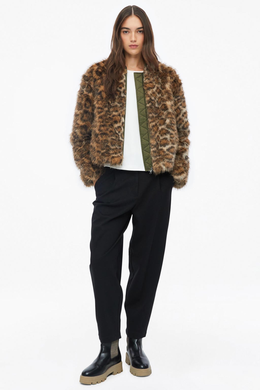 S.Oliver x Heidi Klum imitatiebont faux fur jas met panterprint - beige/zwart