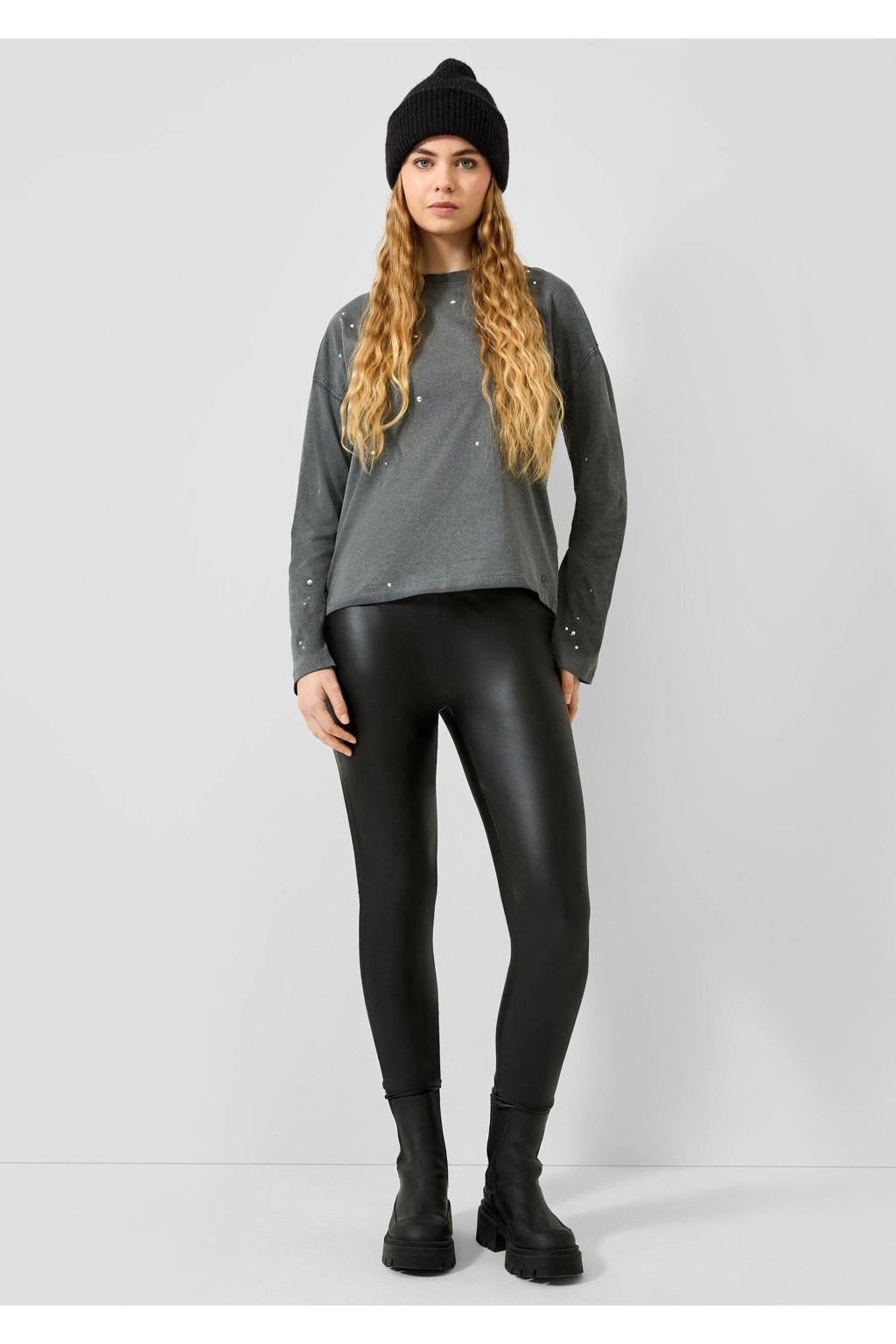 Zwarte dames QS legging van polyester met skinny fit, high waist, elastische tailleband en effen