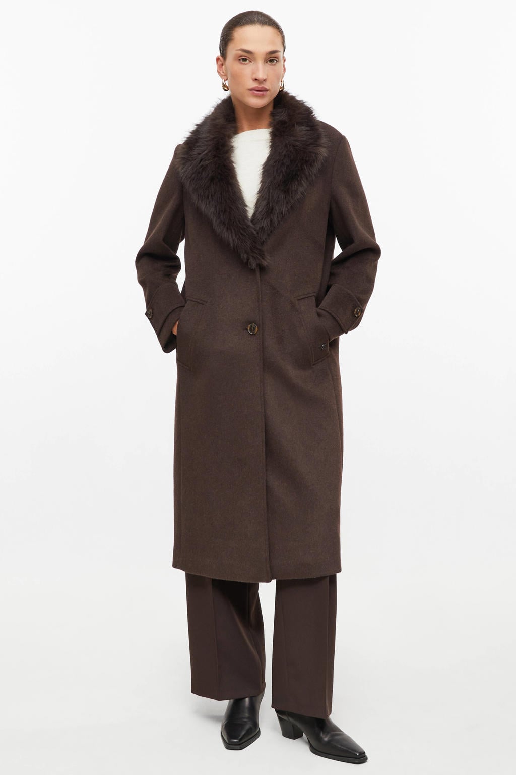 s.Oliver BLACK LABEL mantel met imitatiebontkraag - donkerbruin