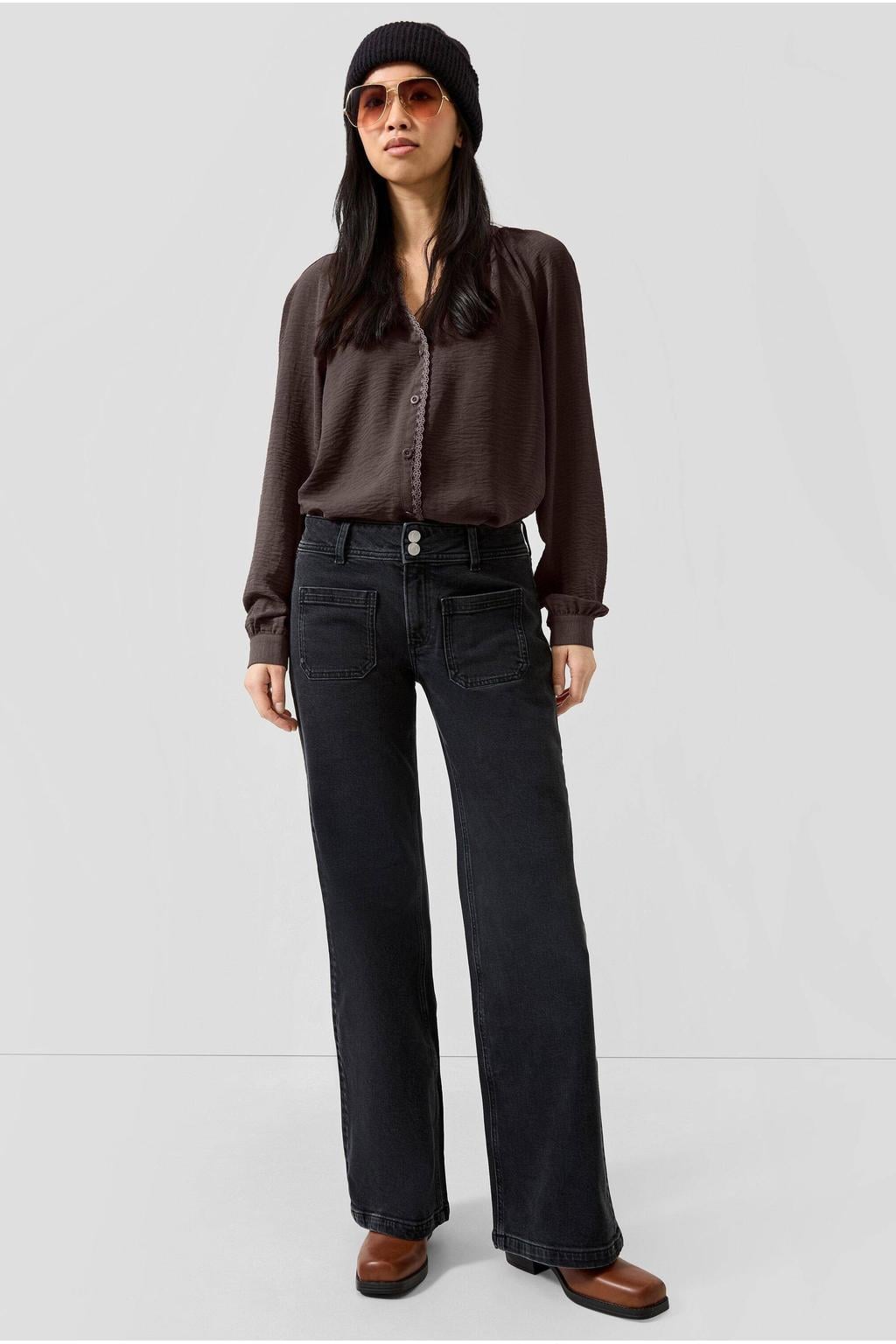 Donkerblauwe dames QS blouse van polyester met effen, lange mouwen, klassieke kraag, knoopsluiting en plooien