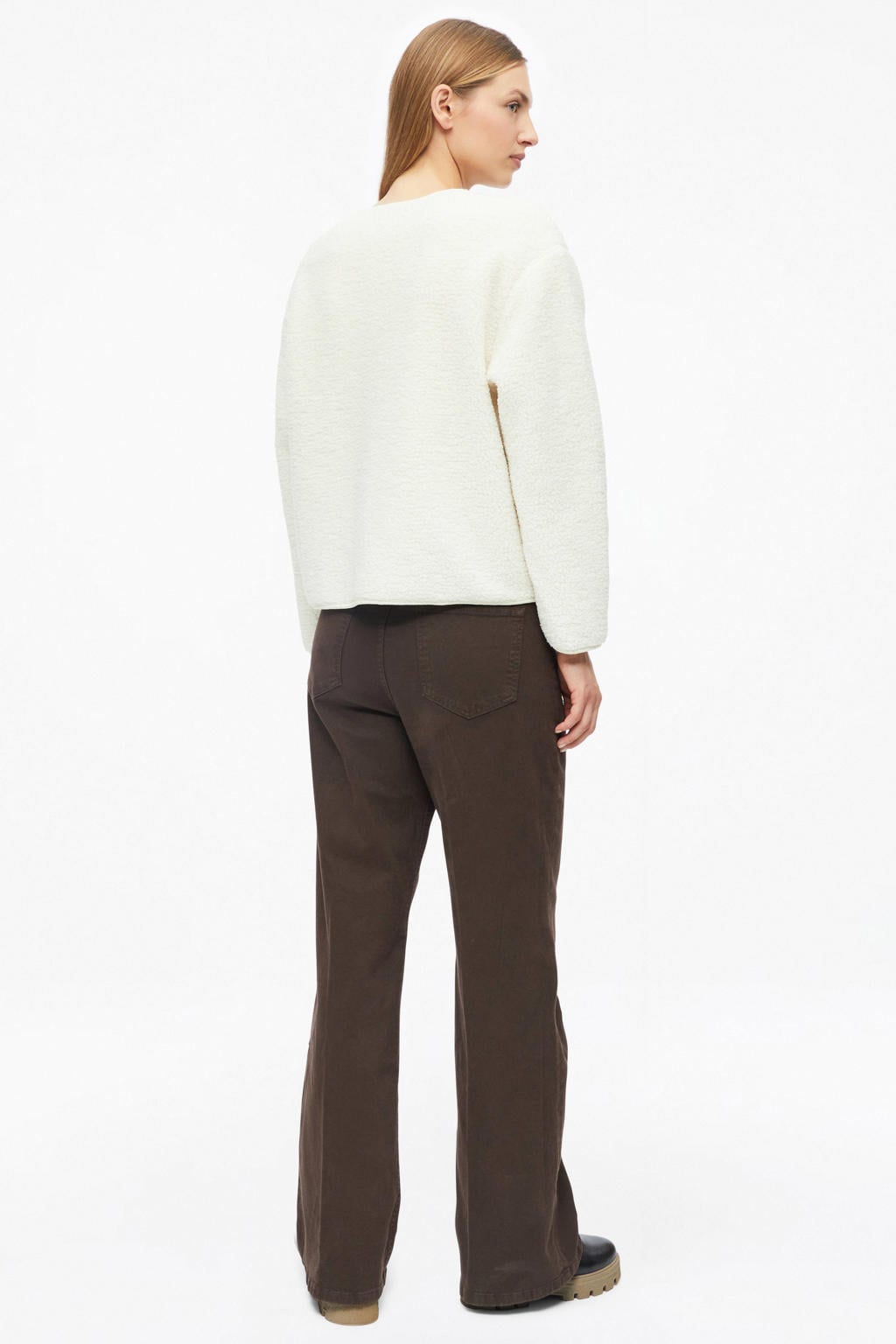 Ecru dames s.Oliver teddy gebreid vest met effen, lange mouwen, V-hals en drukknoopsluiting