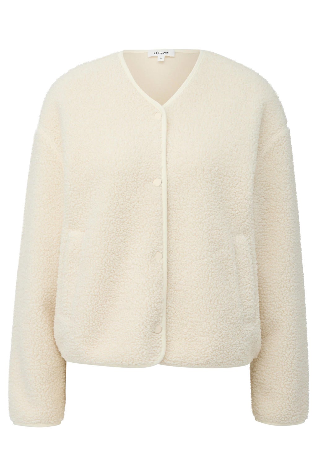 Ecru dames s.Oliver teddy gebreid vest met effen, lange mouwen, V-hals en drukknoopsluiting