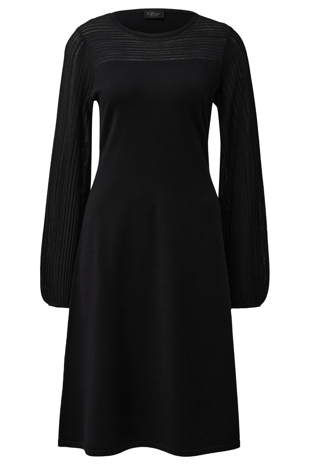 Zwarte dames s.Oliver BLACK LABEL semi-transparante korte gebreide jurk van viscose met effen, lange mouwen en ronde hals