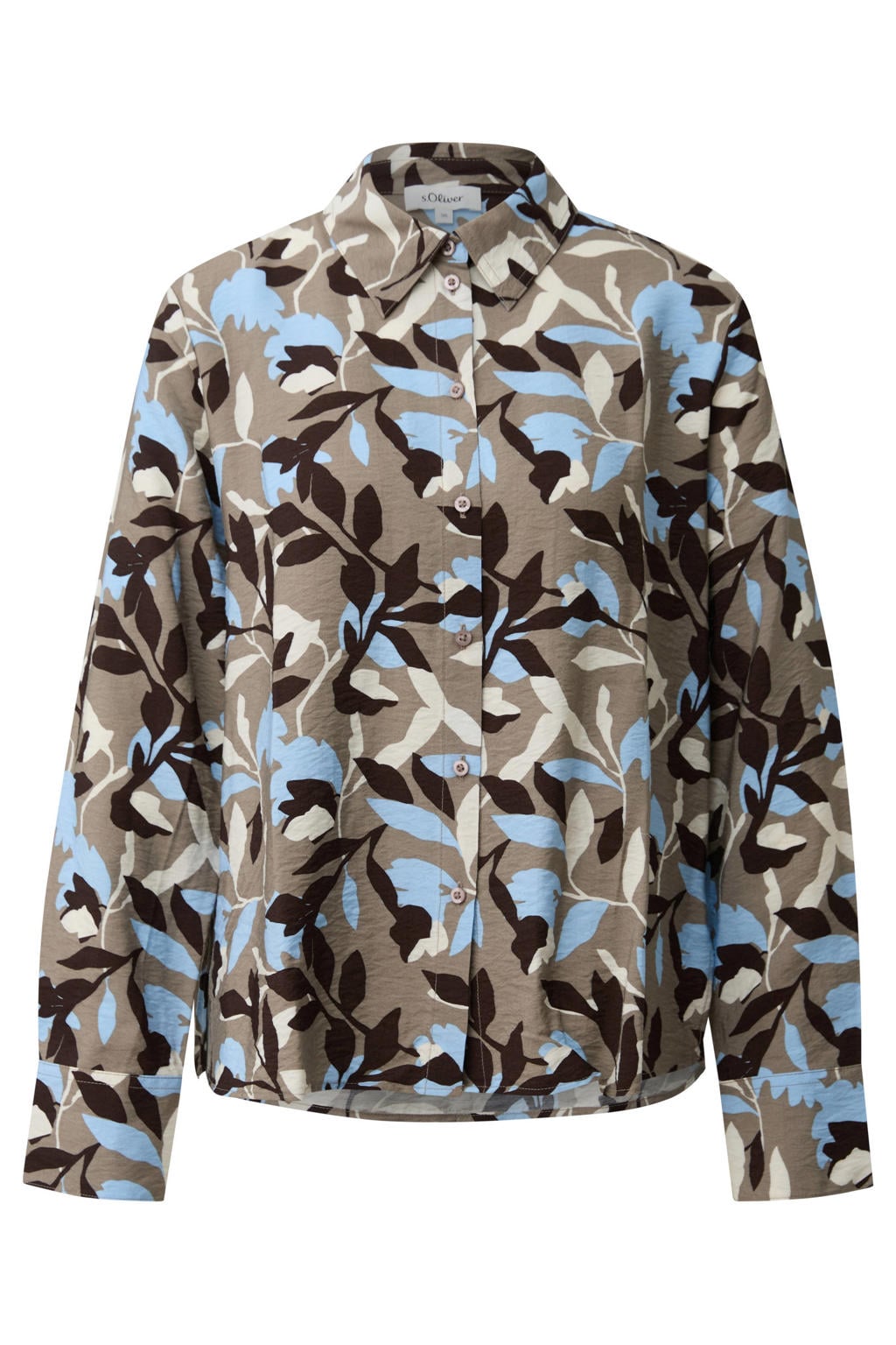 Taupe en lichtblauwe dames s.Oliver blouse van viscose met lange mouwen, klassieke kraag en knoopsluiting