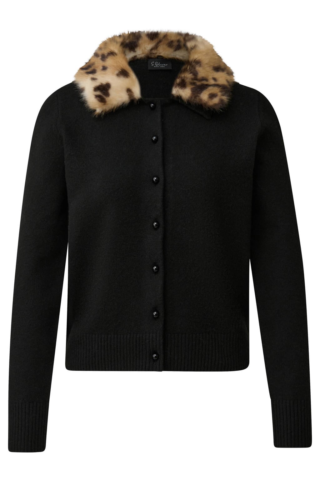 Zwarte dames s.Oliver BLACK LABEL van polyester met effen, lange mouwen, klassieke kraag, knoopsluiting en imitatiebontkraag