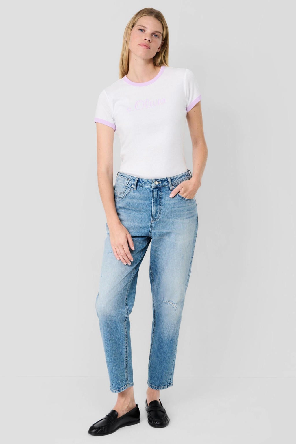 Medium blue denim dames S.Oliver x Heidi Klum mom jeans mediumblauw van denim met high waist, rits- en knoopsluiting en effen
