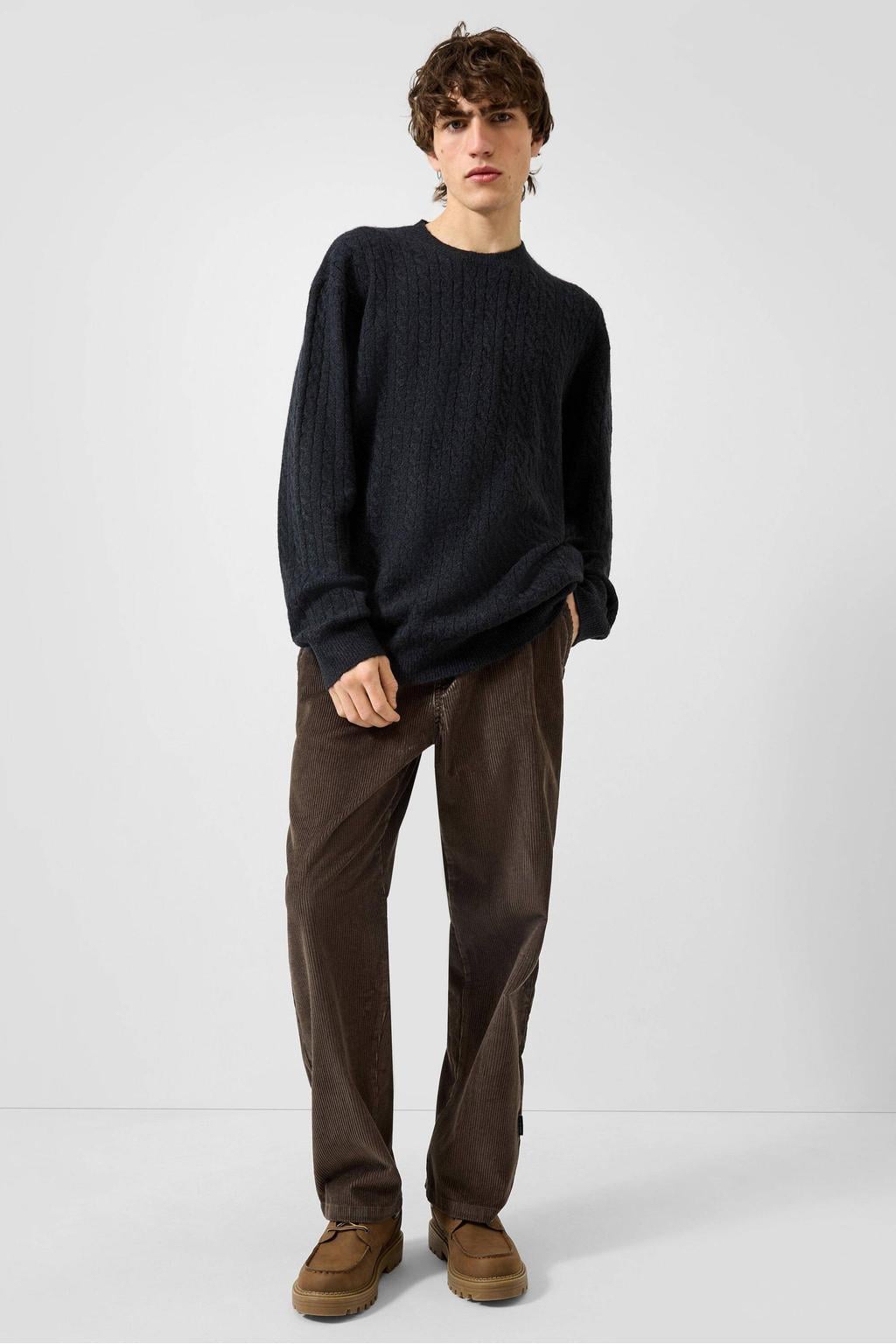 Donkerblauwe heren QS relaxed fit gebreide trui en wol met lange mouwen en ronde hals