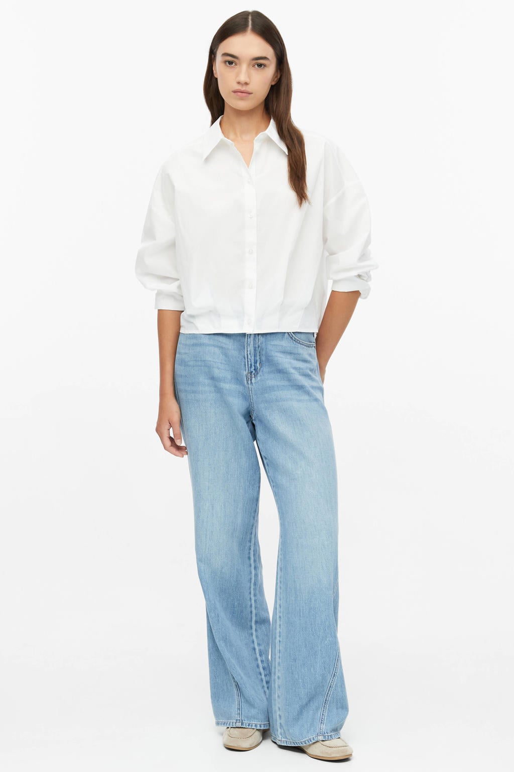 Witte dames s.Oliver blouse van katoen met effen, lange mouwen, klassieke kraag, knoopsluiting en plooien