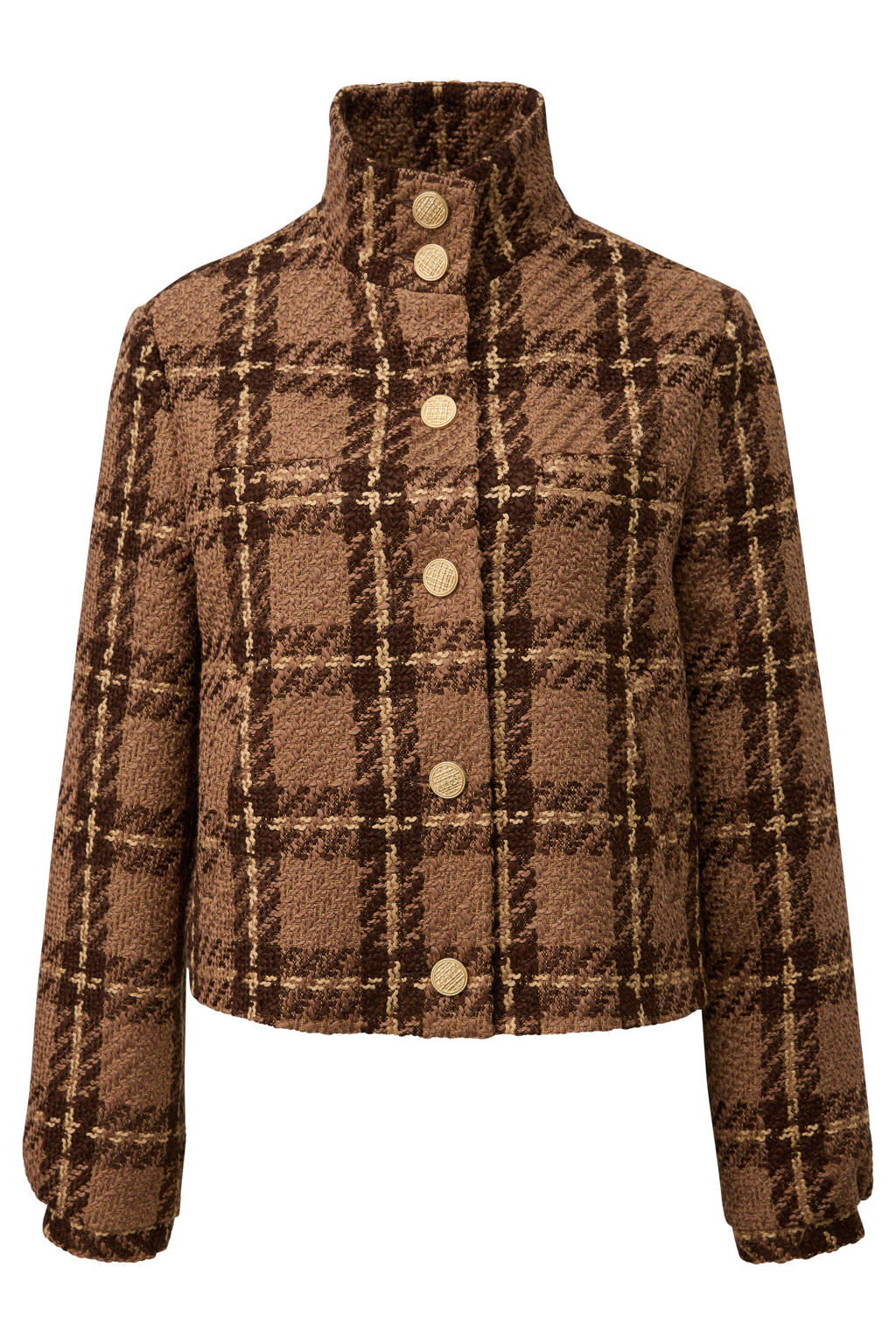 dames s.Oliver BLACK LABEL tussenjas van bouclé met effen, lange mouwen, opstaande kraag en knoopsluiting