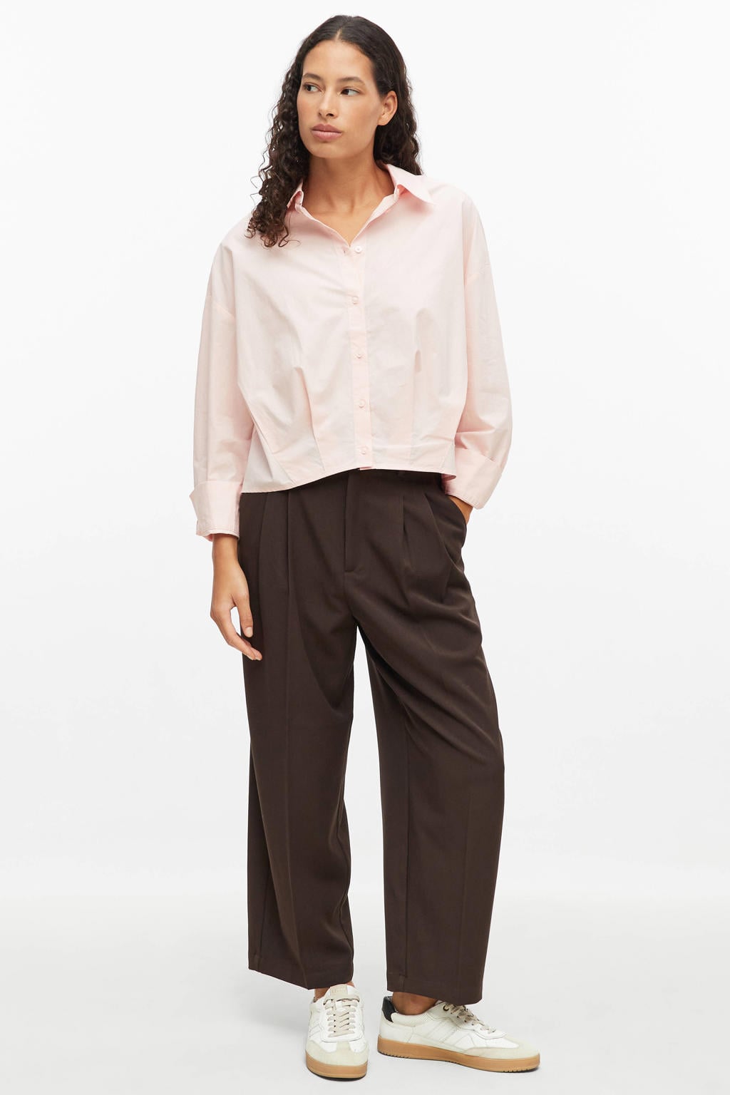 Roze dames s.Oliver blouse van katoen met effen, lange mouwen, klassieke kraag, knoopsluiting en plooien