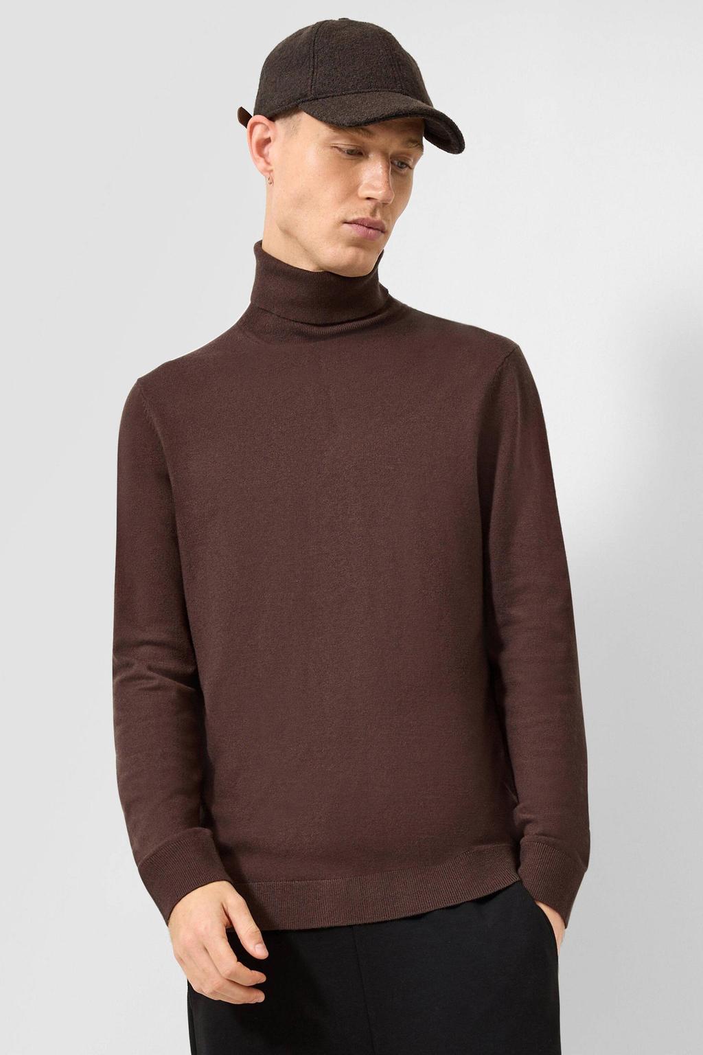 Donkerblauwe heren QS slim fit coltrui van ramie met effen en lange mouwen