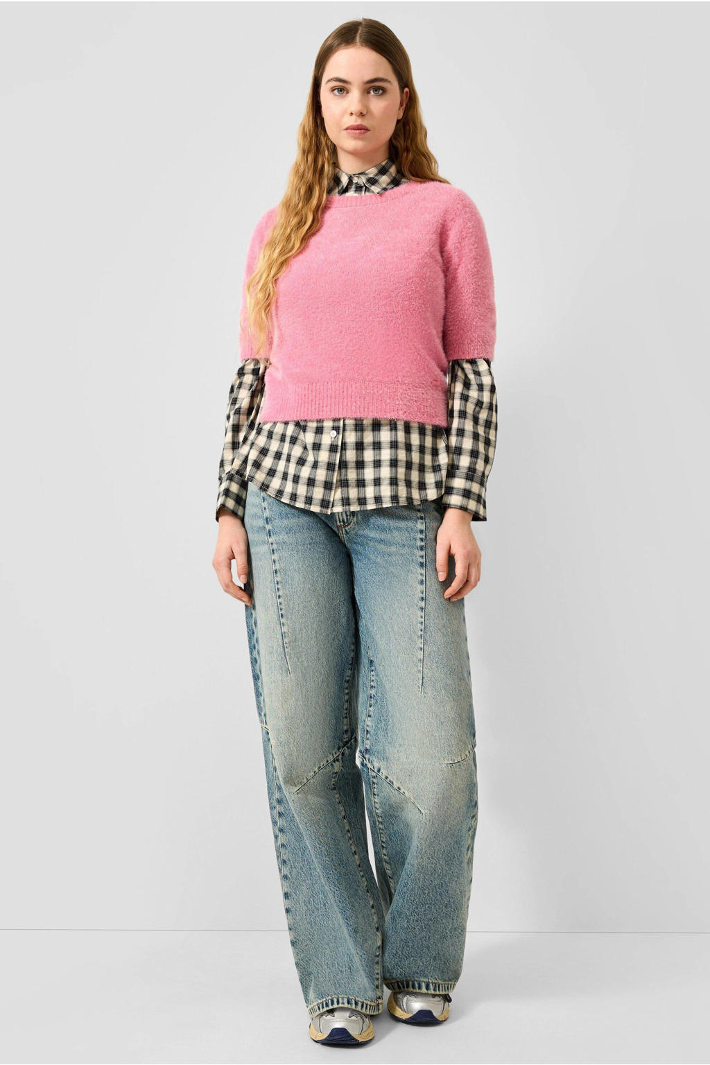 Roze dames QS gebreide trui van harig materiaal met effen, half lange mouwen en ronde hals
