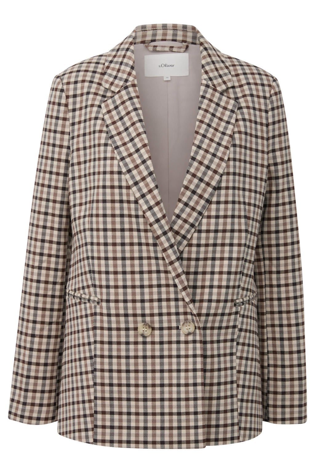 Grijs en zwarte dames s.Oliver geruite double breasted blazer van polyester met lange mouwen, reverskraag en knoopsluiting