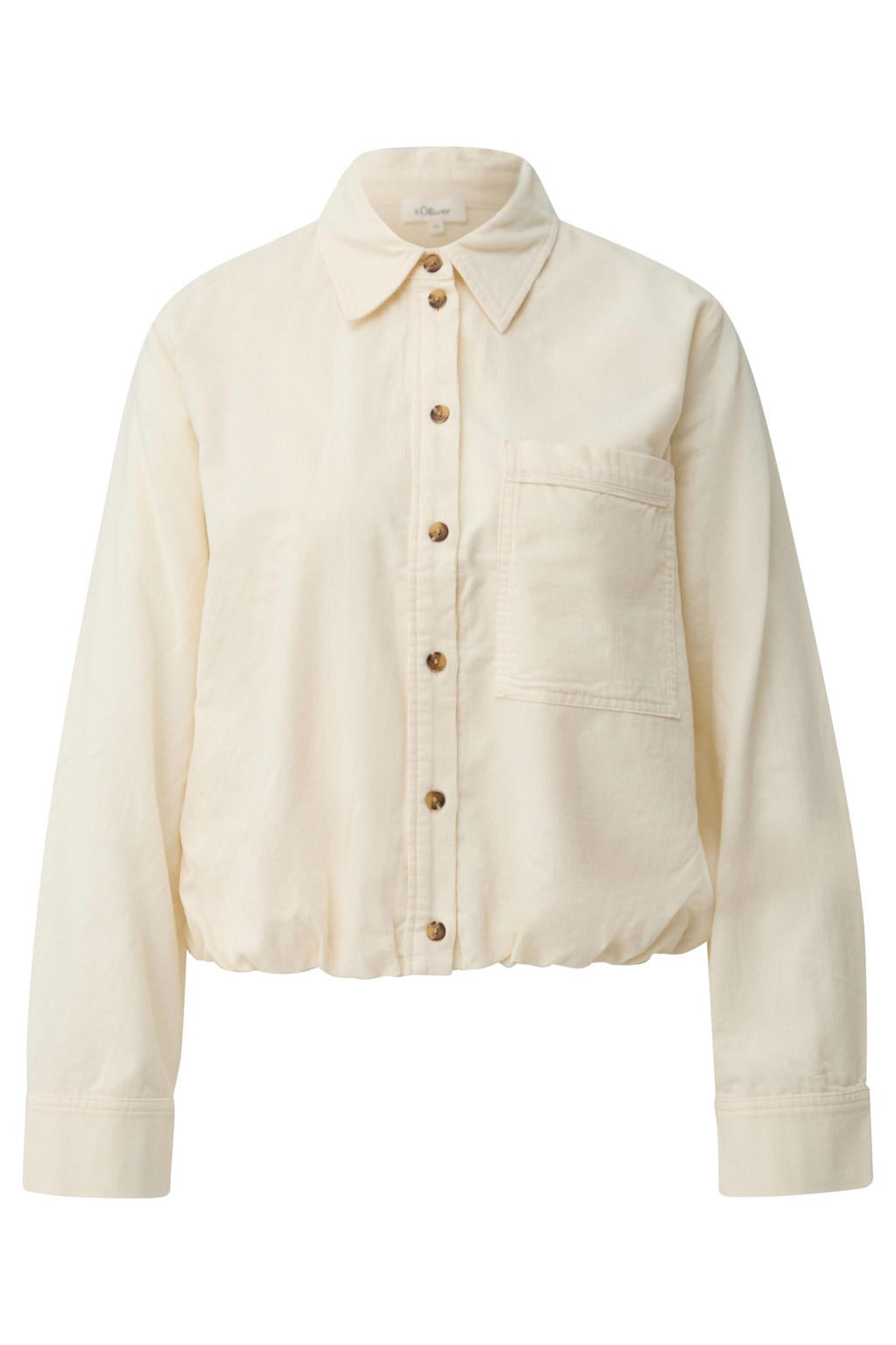 Ecru dames s.Oliver blouse van katoen met effen, lange mouwen, klassieke kraag, knoopsluiting en plooien