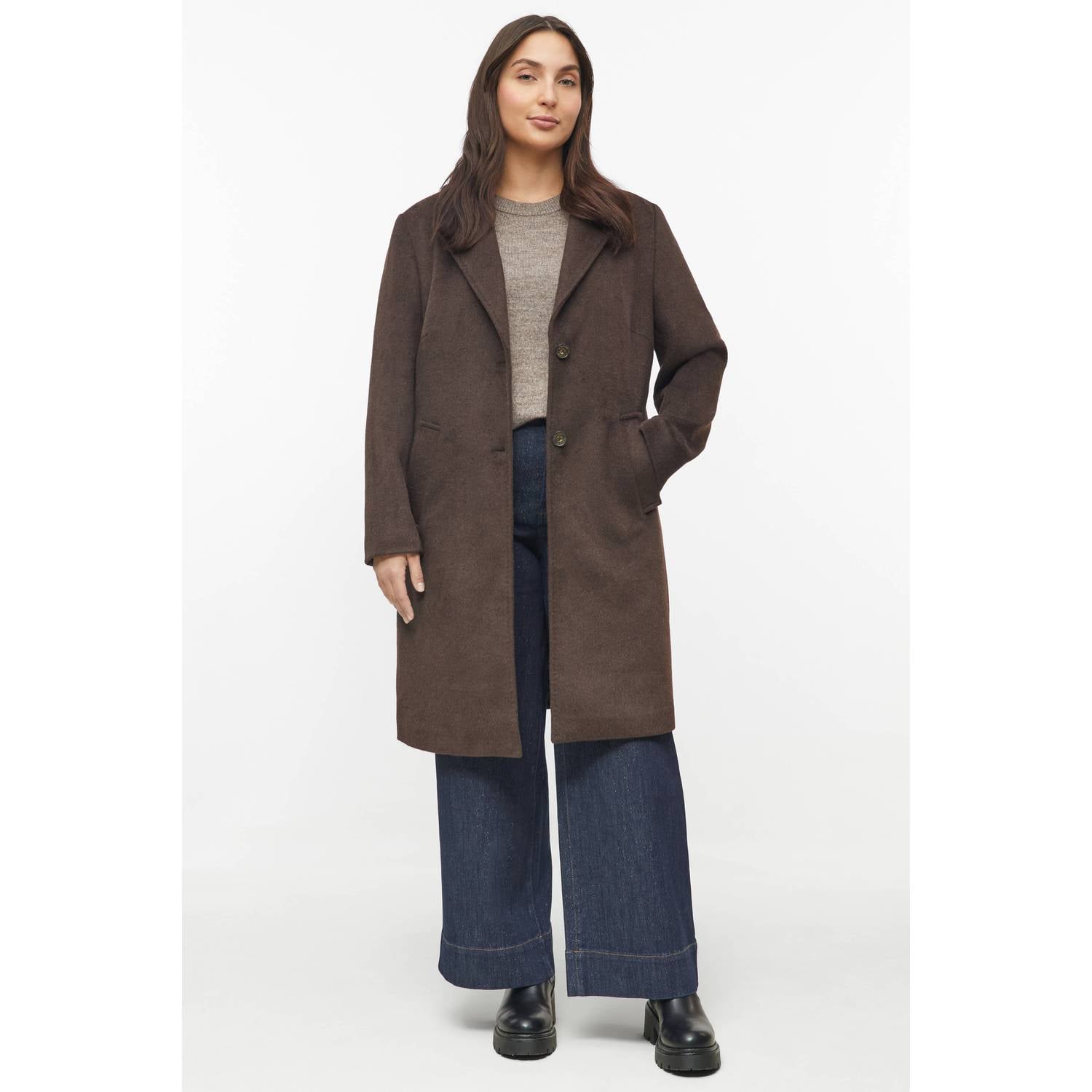 s.Oliver Curve Plus Size wintermantel met split en wol donkerbruin