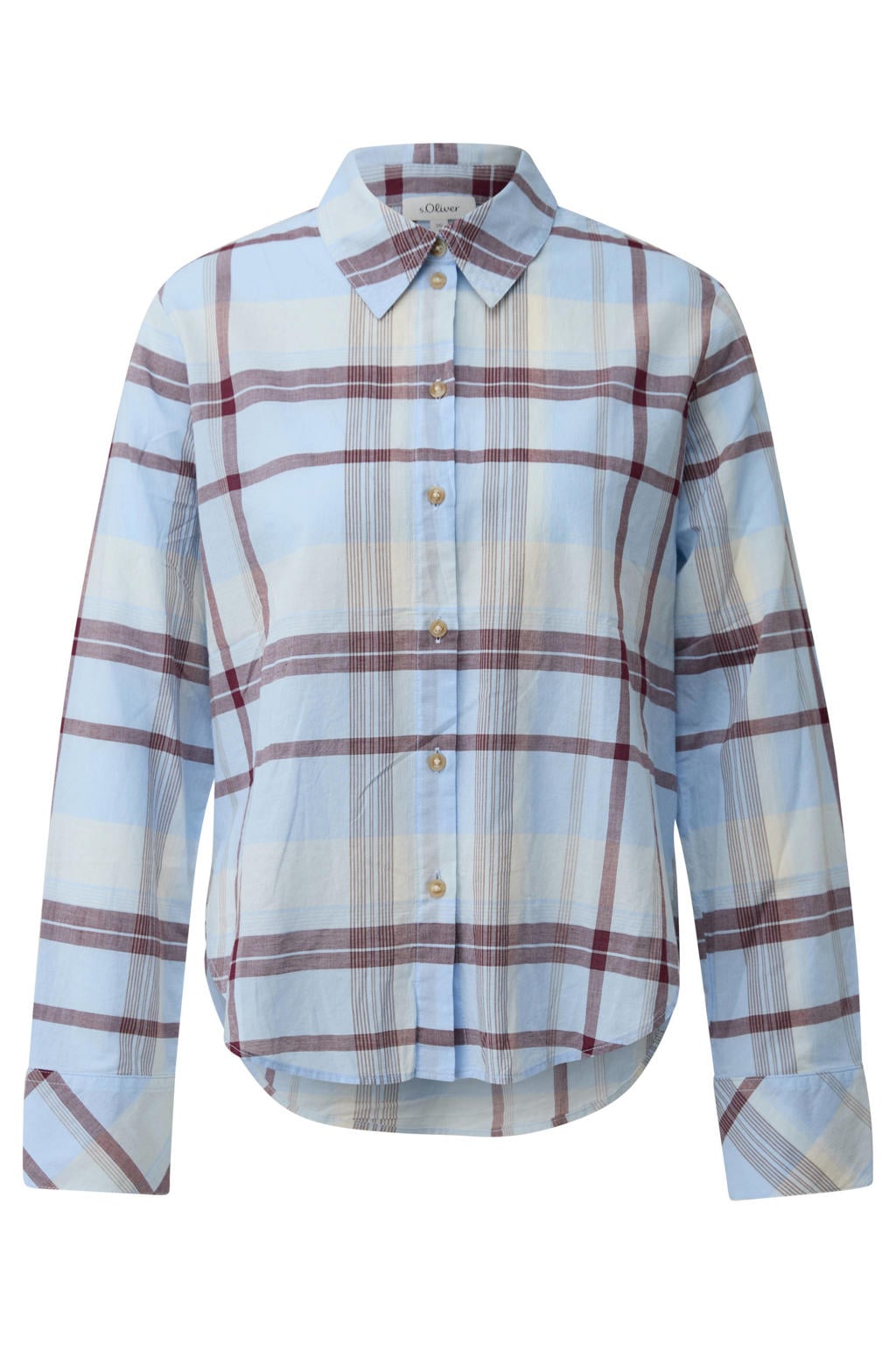 Lichtblauw en bruine dames s.Oliver geruite blouse van katoen met lange mouwen, klassieke kraag en knoopsluiting