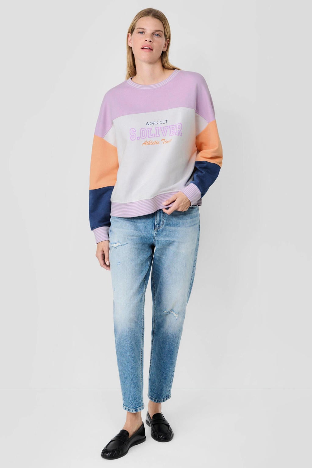 Roze en lichtoranje dames S.Oliver x Heidi Klum sweater met tekst print, lange mouwen en ronde hals