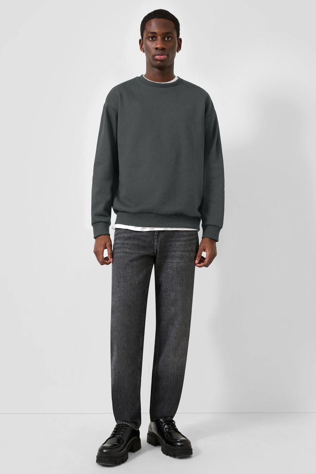 Grijze heren QS regular fit sweater met effen, lange mouwen, ronde hals en geribde boorden
