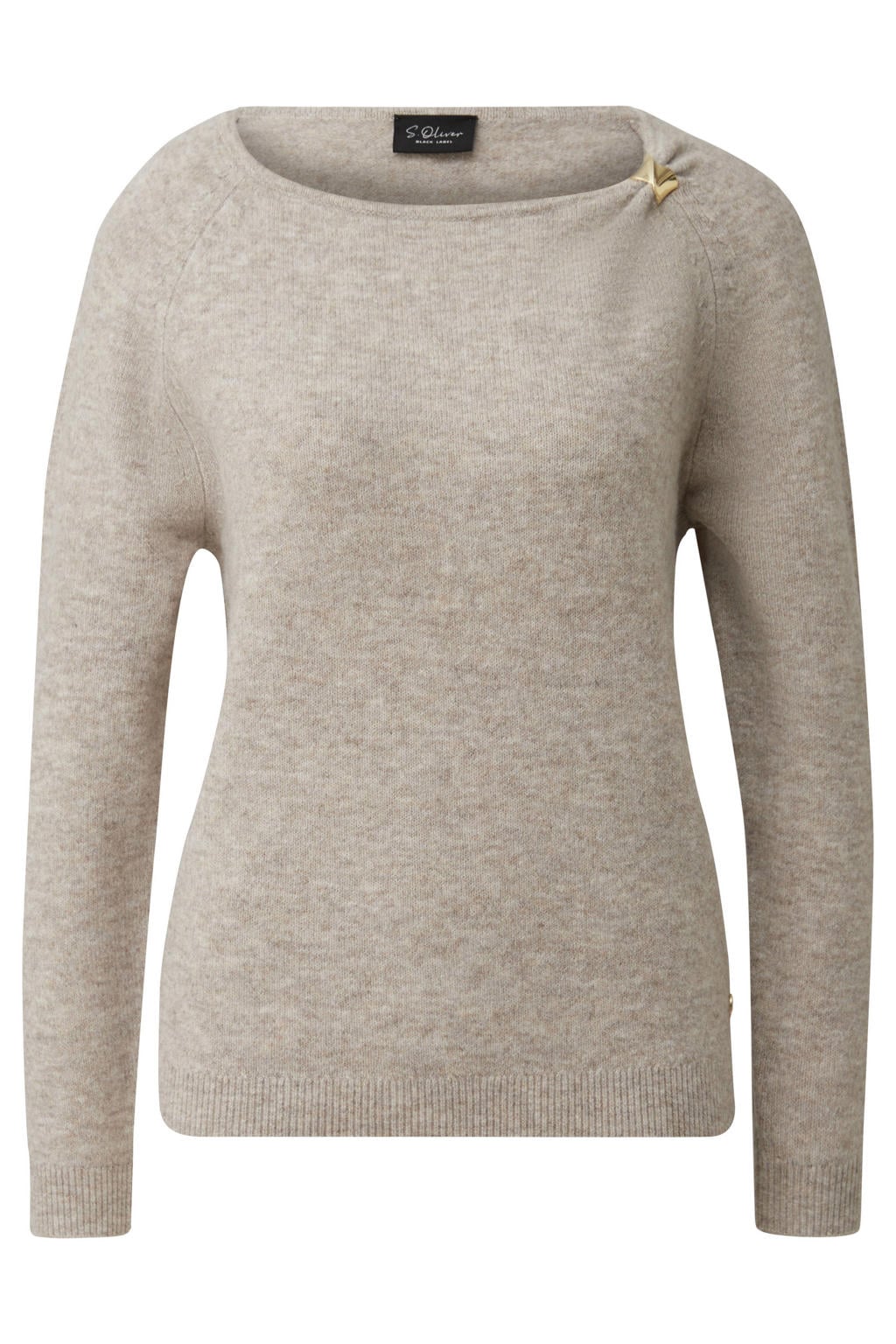 Beige dames s.Oliver BLACK LABEL gebreide trui van polyester met effen, lange mouwen, ronde hals en siergesp