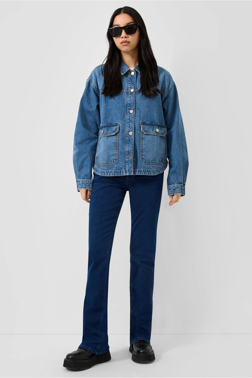 Medium blue denim dames QS blouse mediumblauw van denim met effen, lange mouwen, klassieke kraag en knoopsluiting