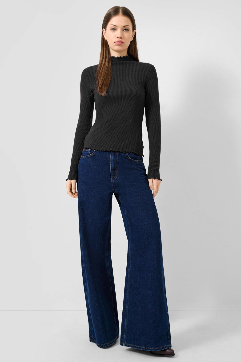 Antraciete dames QS top van viscose met effen, lange mouwen en rib gebreide details