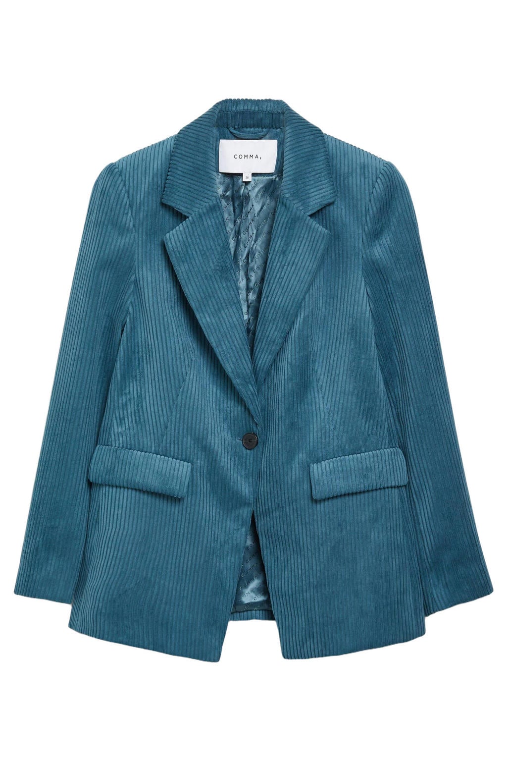 Blauwe dames comma van corduroy met effen, lange mouwen, reverskraag en knoopsluiting