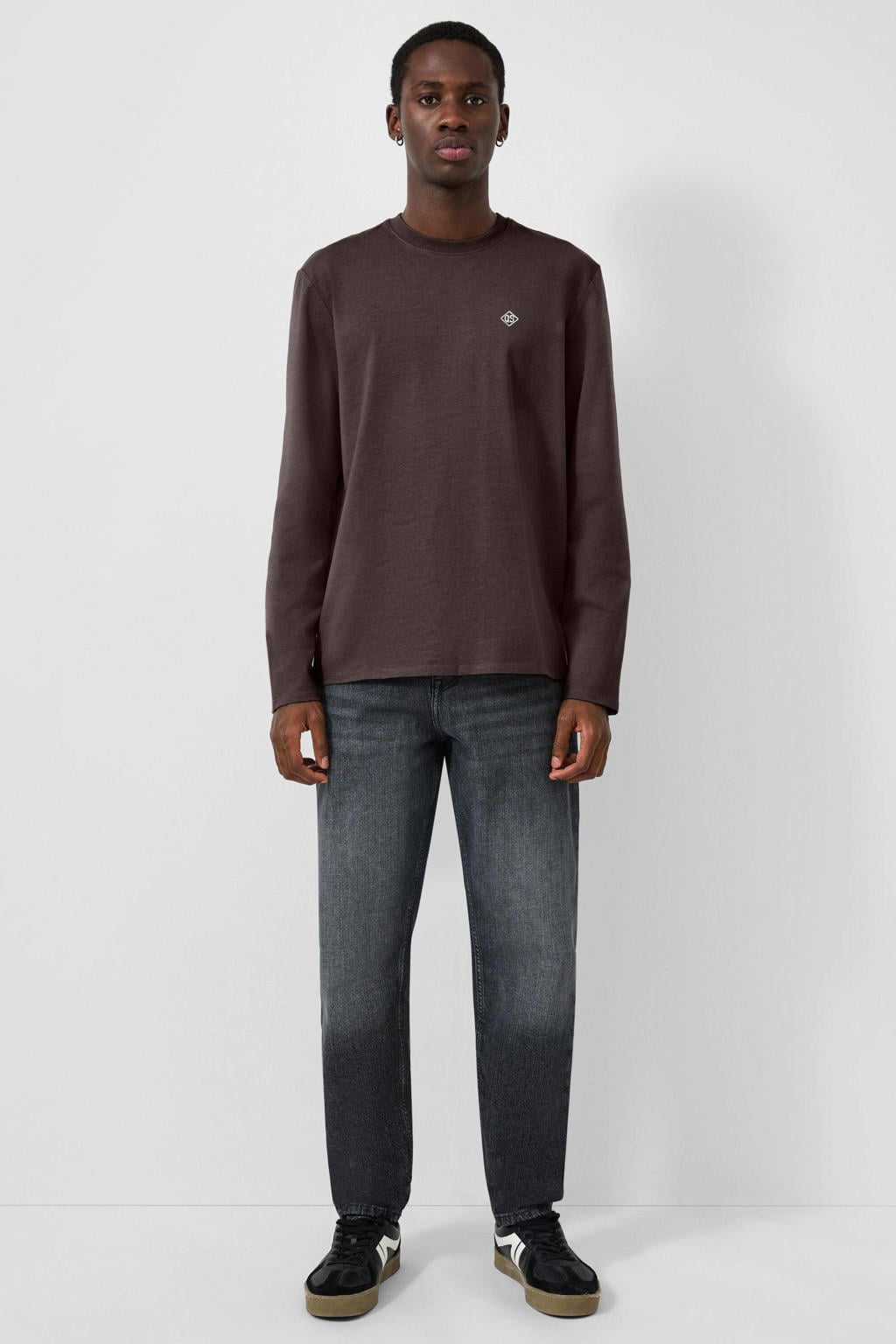 Donkerblauwe heren QS regular fit longsleeve van katoen met effen, lange mouwen, ronde hals en geribde boorden