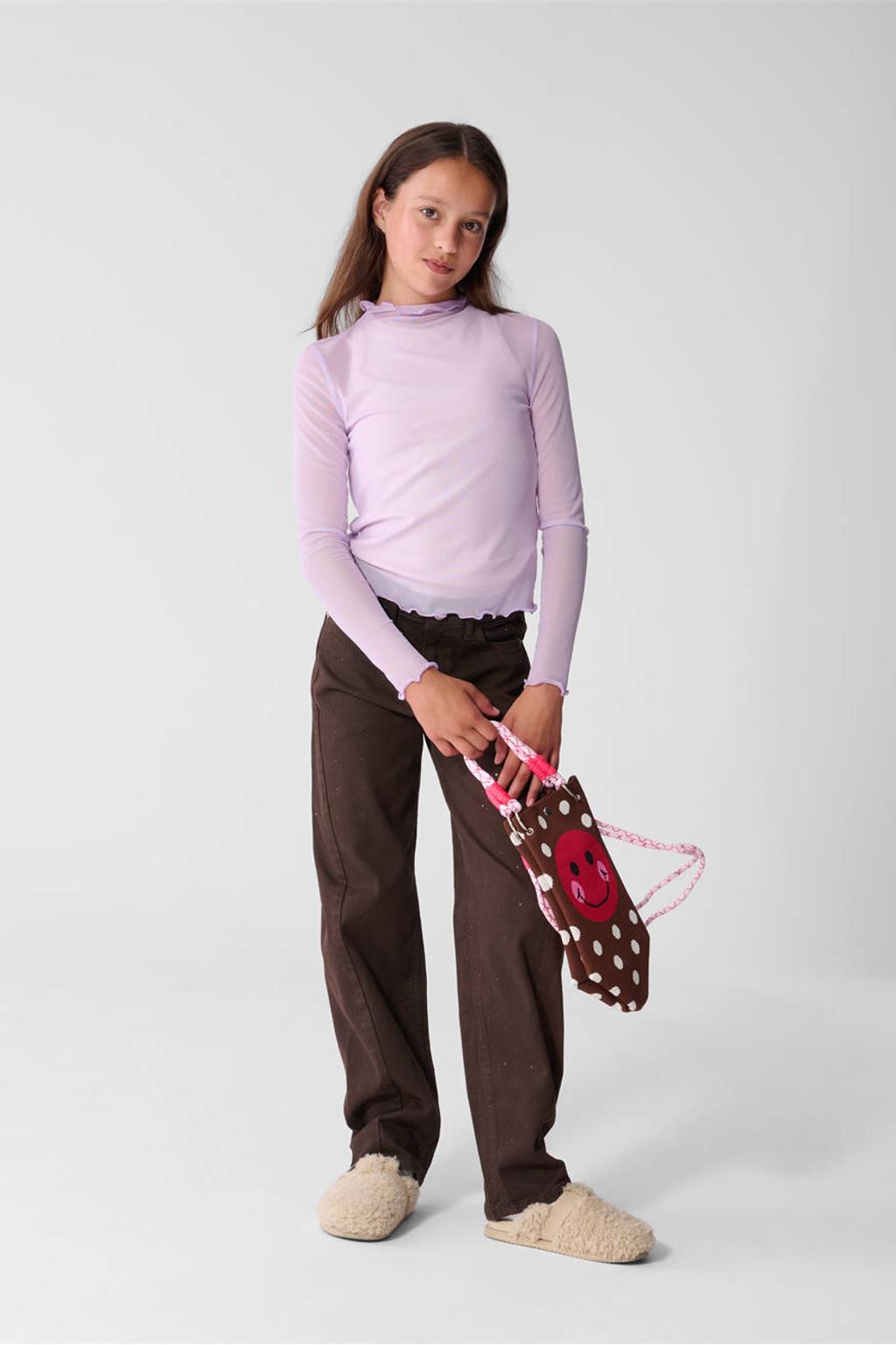 Paarse meisjes Shoeby longsleeve van polyester met effen, lange mouwen, ronde hals en ruches