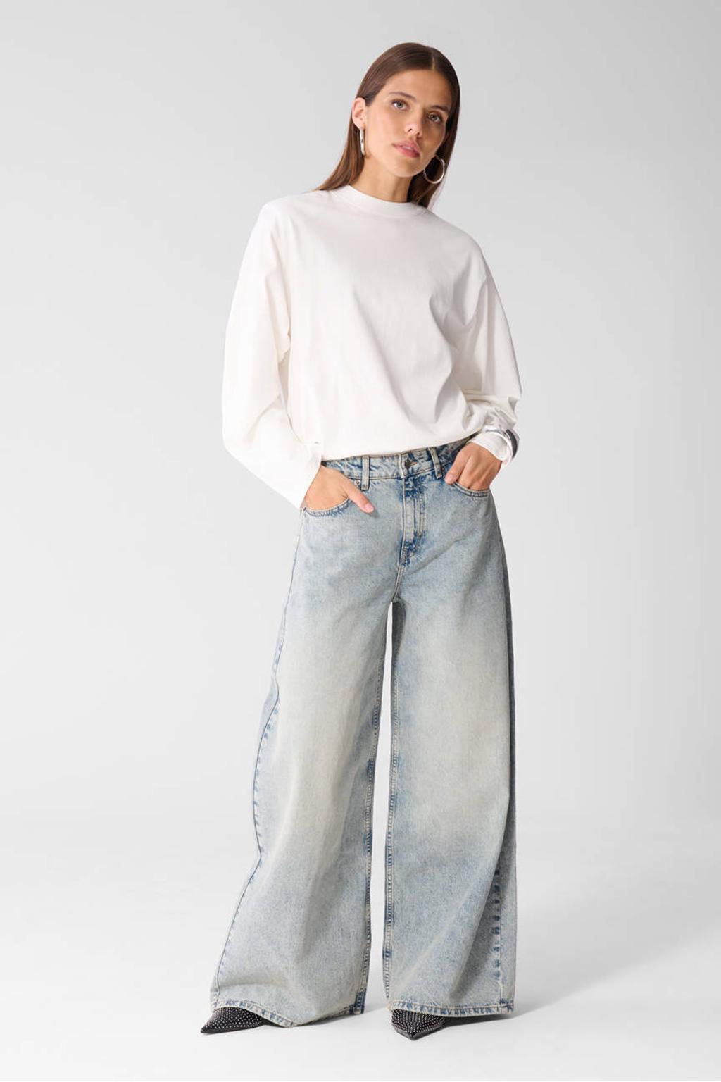 Light blue denim dames Shoeby wide leg jeans van denim met high waist, rits- en knoopsluiting en effen