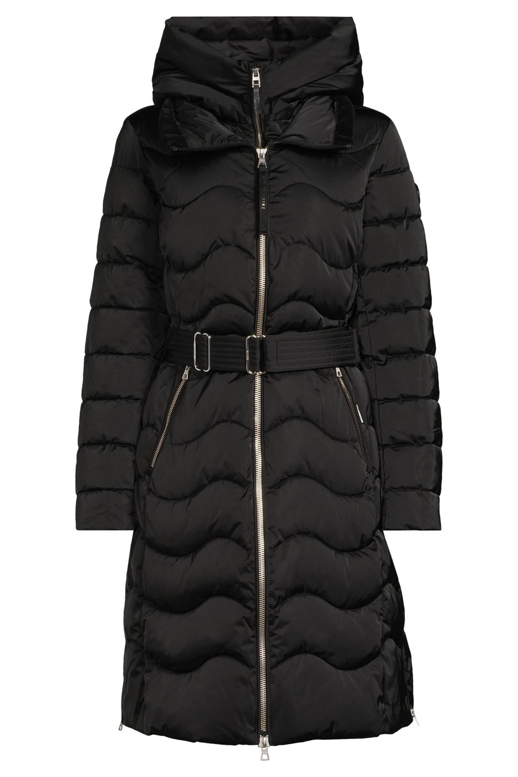 Zwarte dames Khujo winterjas van polyester met effen, lange mouwen, capuchon en ceintuur