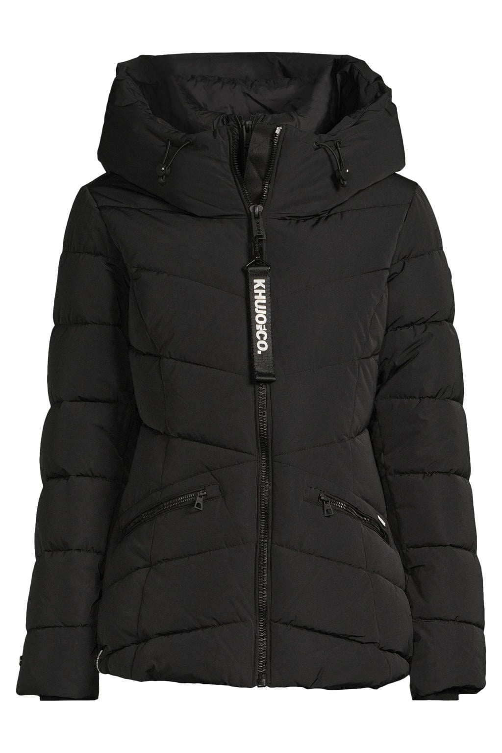 Zwarte dames Khujo winterjas van polyester met effen, lange mouwen en capuchon