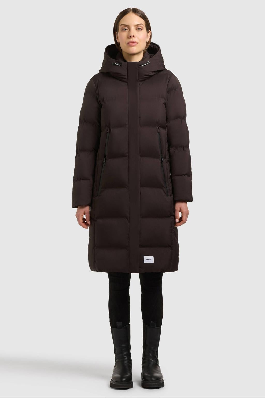 Bruine dames Khujo winterjas van nylon met effen, lange mouwen en capuchon
