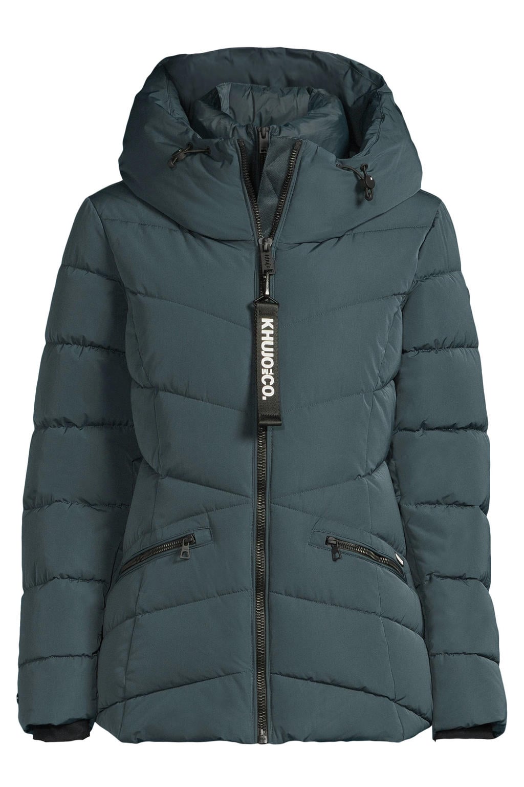 Petrolkleurige dames Khujo winterjas van polyester met effen, lange mouwen en capuchon