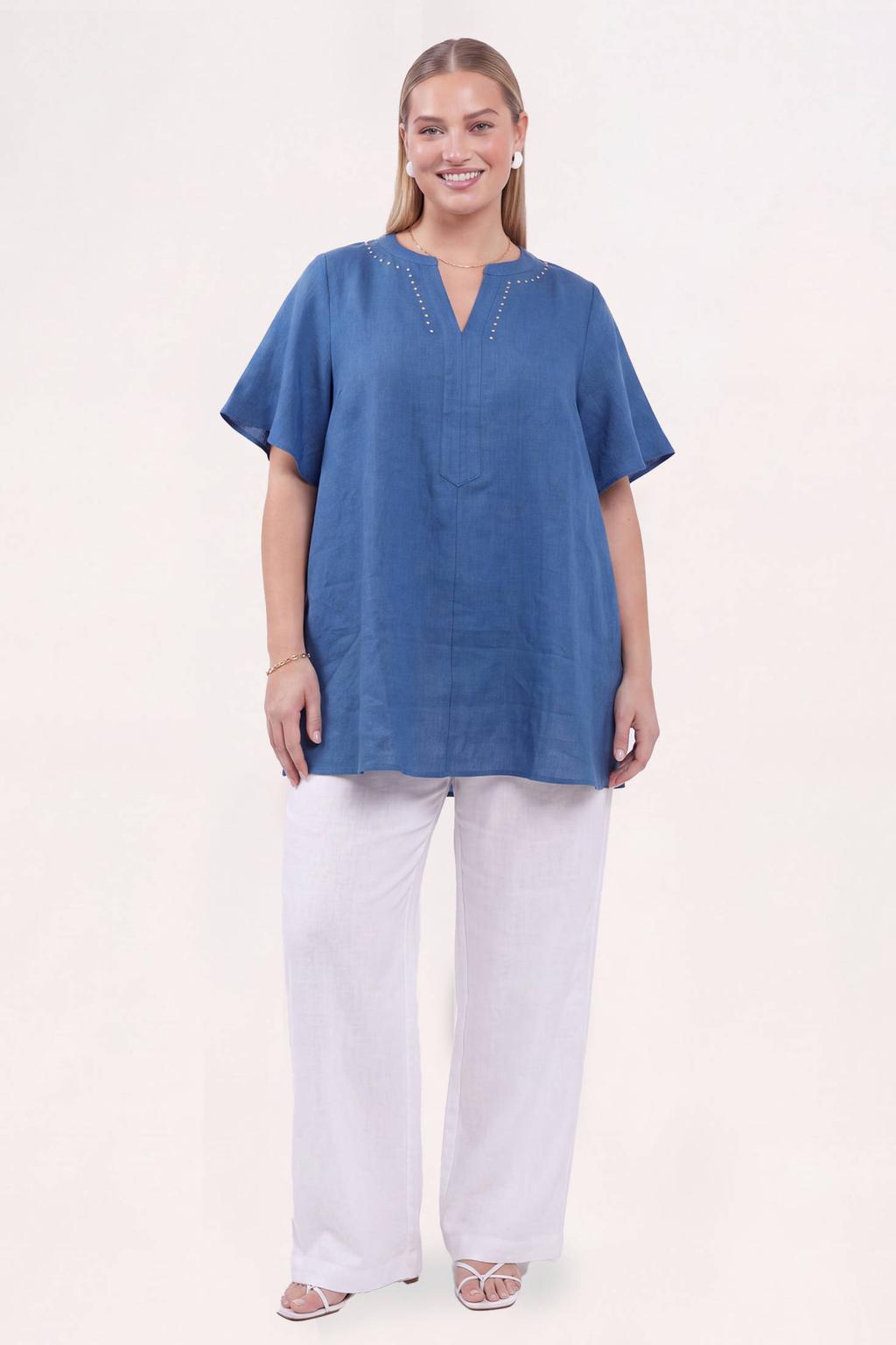 YOEK Linnen top- medium blue denim