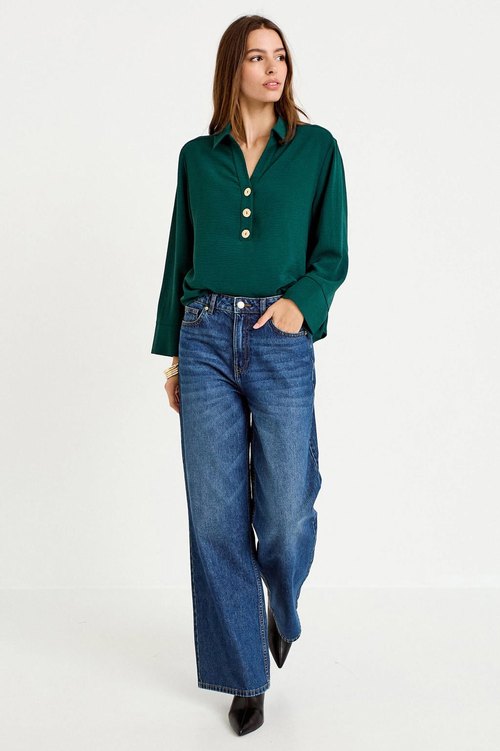 Donkergroene dames Cache Cache blousetop van polyester met effen, lange mouwen, klassieke kraag en knoopsluiting
