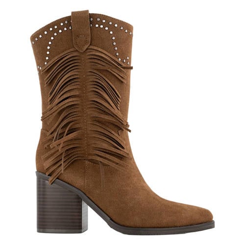 Graceland suèdelook cowboy boots met blokhak en studs bruin